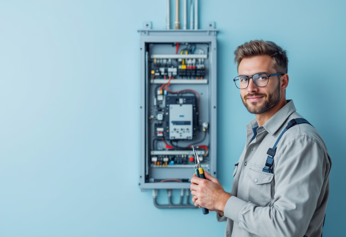 Techniker vor einem geöffneten Schaltschrank
